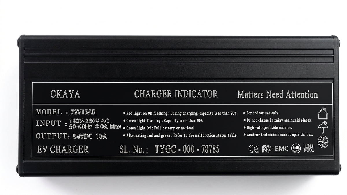 OKAYA 83.95V 10A Li-ion Battery Charger for 72V LFP EV Scooter – IEC 3 Pin Female Connector