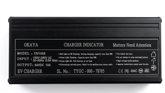 OKAYA 83.95V 10A Li-ion Battery Charger for 72V LFP EV Scooter – IEC 3 Pin Female Connector